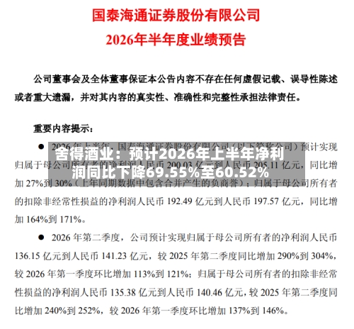 舍得酒业:预计2026年上半年净利润同比下降69.55%至60.52%-第1张图片
