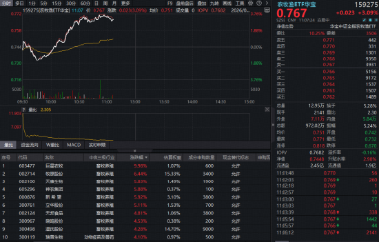 深V反转	，华宝基金农牧渔ETF（159275）盘中暴拉涨超3%！猪周期拐点将至？
